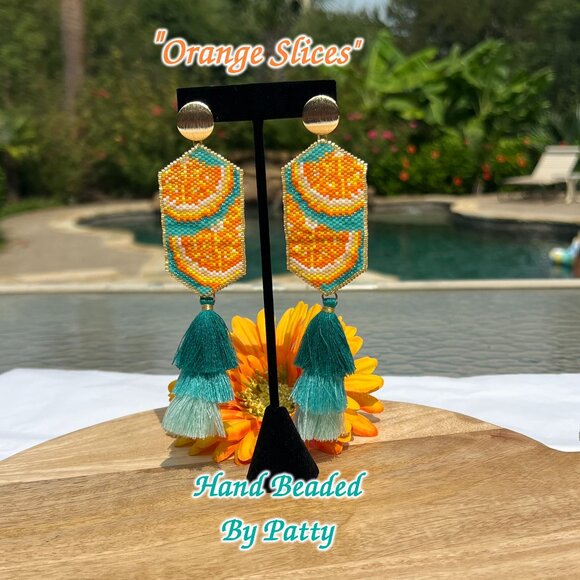 Handmade Beaded Orange Slices Long Tassel Fringe Dangle Drop Post Earrings Wow! - Picture 3 of 11